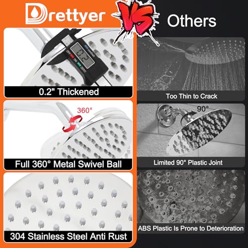 6 Inch Round Rainfall Shower Head with Stainless Steel Arm High Pressure Water Saving Anti