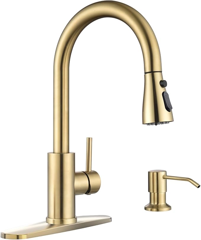 APPASO Gold Kitchen Faucet with Soap Dispenser, Brushed Gold Kitchen Sink Faucet with Pull Down Sprayer, Modern High Arch Single Handle Sink Faucet for Kitchen, 3 Modes