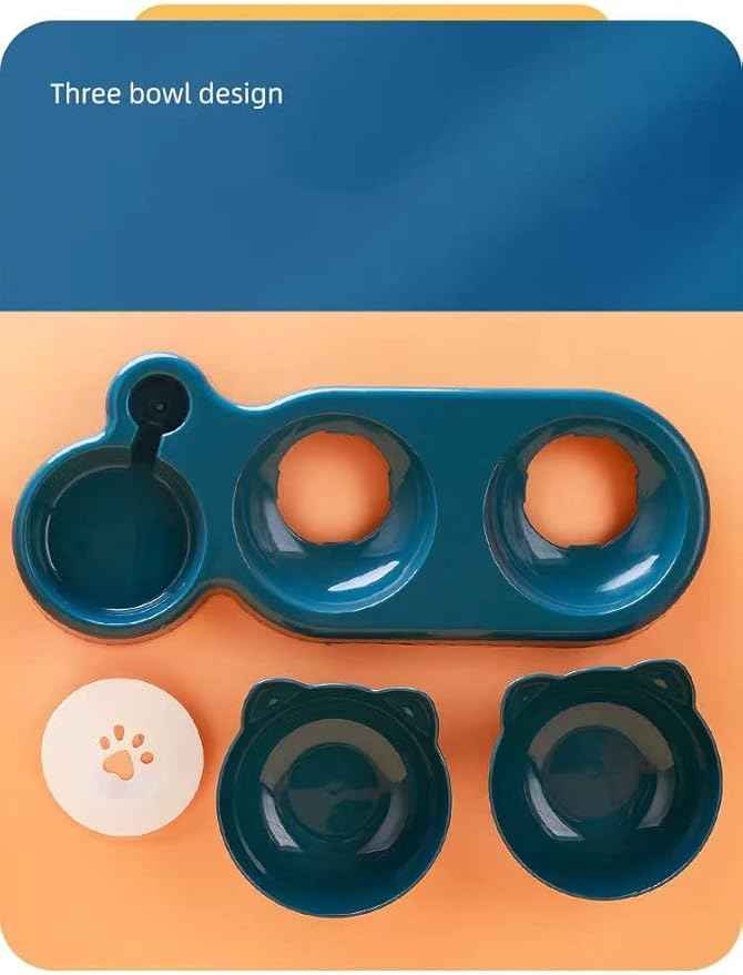 Triple Cat Bowls for Food and Water, Plastic Raised Cat Dishes, Automatic Water Bottle 3 in 1 Pet Bowls 2 Food Bowls and Water Feeder Set Wet Dry Food Bowl Set for Cats Puppy Small Dogs (Grey)