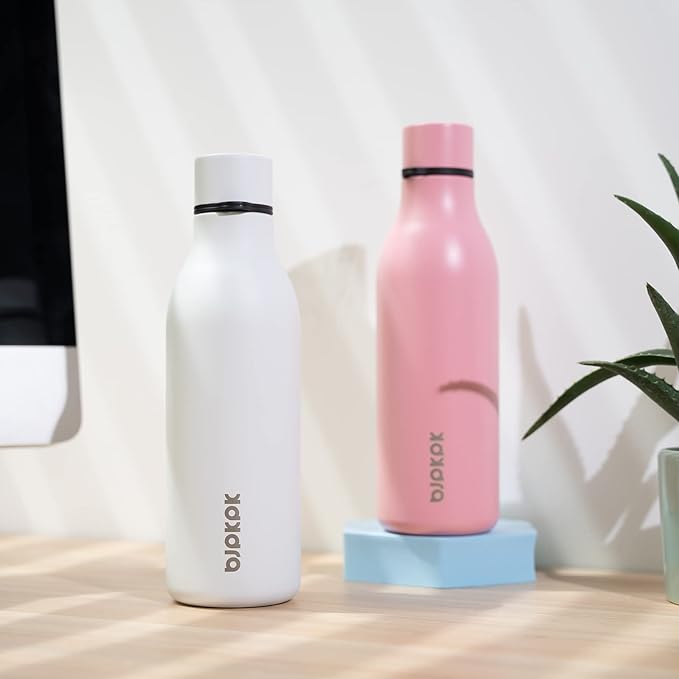BJPKPK Insulated Water Bottles, 18 oz Stainless Steel Metal Water Bottle with Strap, BPA Free Leak Proof Jugs, Mugs, Flasks, Reusable Thermal Flasks for Sports & Travel, Light Pink