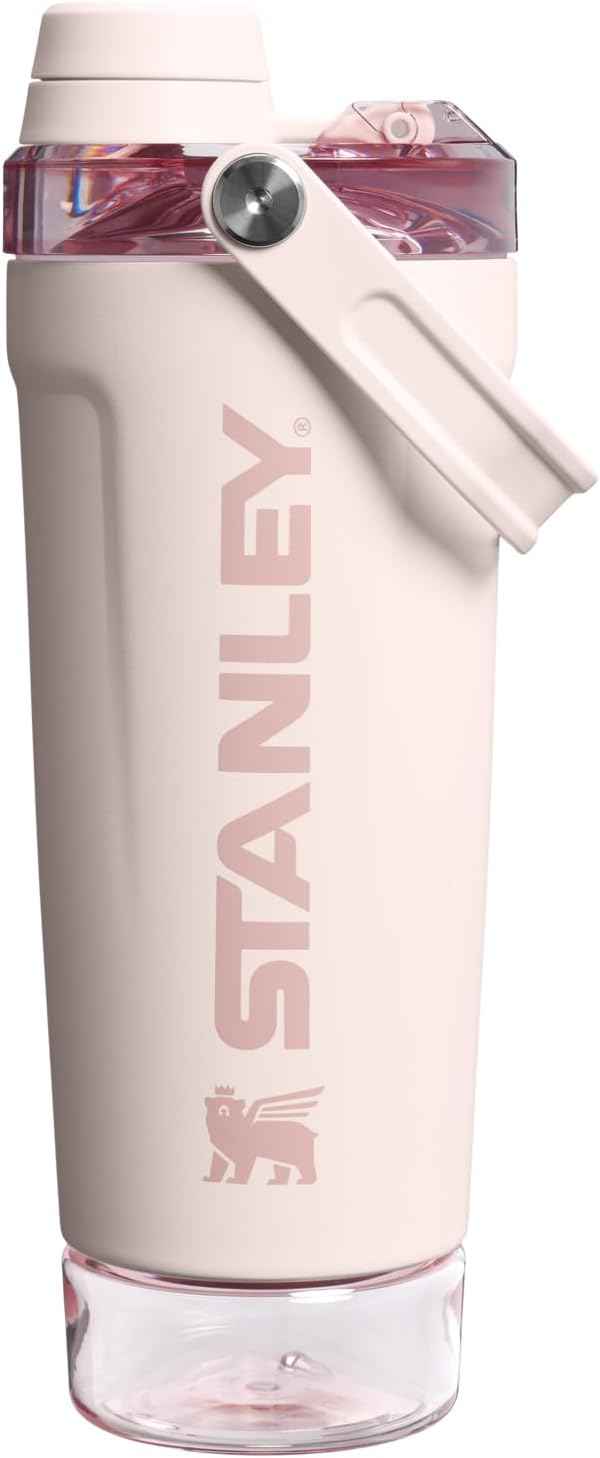 STANLEY Vitalize Shaker Bottle 20 oz | Leakproof Insulated Stainless Steel Shaker Cup | Base Storage and Twist On Fast Flow Lid | Protein Shakes and Pre Workout Powder | BPA-Free | Rose Quartz