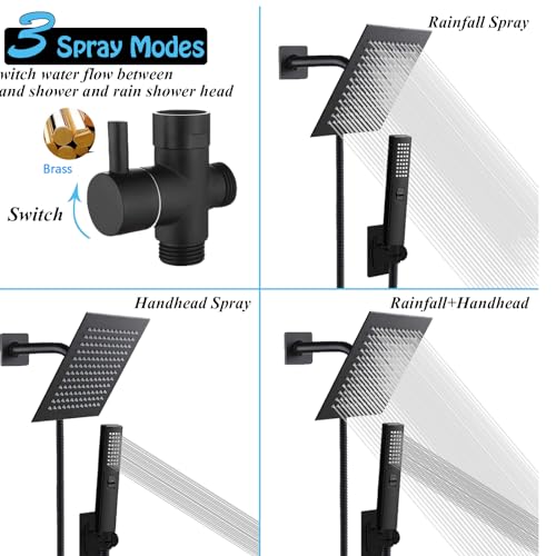 6'' Square High Pressure Rain Black Shower Heads with Handheld Spray Combo. Equipped with 78" Leakproof Hose