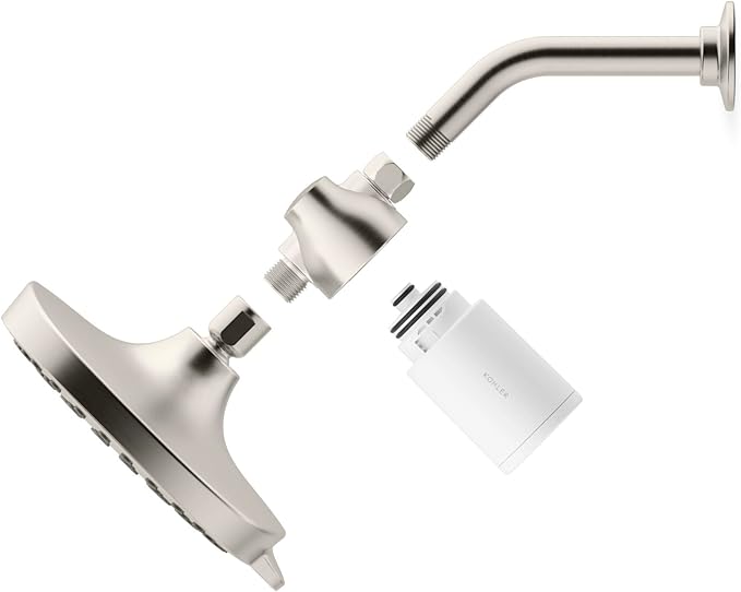 KOHLER R24670-G-BN Aquifer Filtered Showerhead with Water Filter System, Multifunction Shower Head with Filters Combo Kit for Skin and Hair, Vibrant Brushed Nickel
