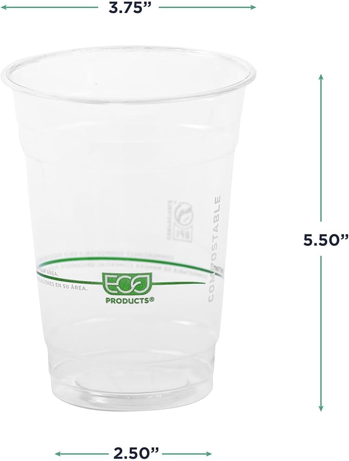 ECO PRODUCTS GreenStripe Clear Compostable 16oz PLA Plastic Cups, Pack of 50, Disposable Renewable Plant-Based Cold Cups, For Cold Drinks & Snacks, BPI Certified, ASTM Compliant.