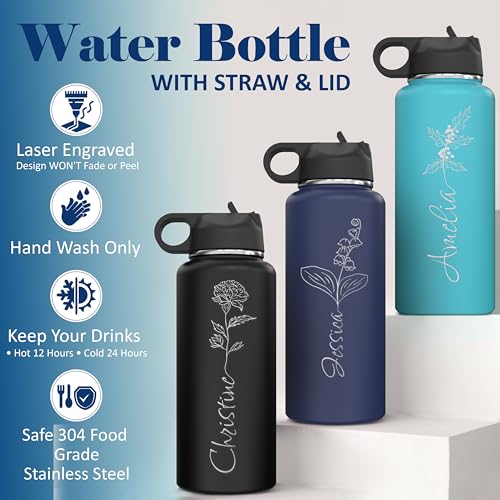 Personalized Birth Flower Water Bottle Vertical Engraved 32 oz Stainless