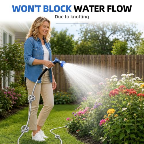 25ft 304 Stainless Steel Metal Garden Hose with Blue Nozzle