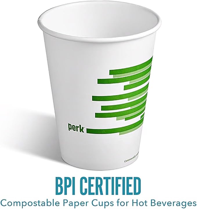 Perk Eco 12 Oz Compostable Paper Hot Cups, 500 Count Bulk Disposable Coffee Cups for Hot Beverages, White/Green