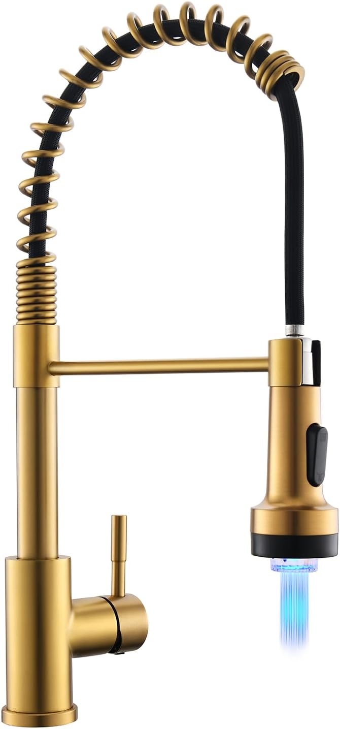 GIMILI Gold Kitchen Faucet with Pull Down Sprayer Single Hole Stainless Steel LED Faucet, Suitable for Farmhouses, RV, Laundry Room, Outdoor, and Campers. Llave para fregadero de cocina