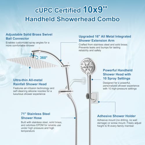 All Metal 10" High Pressure Rain Shower Head Combo