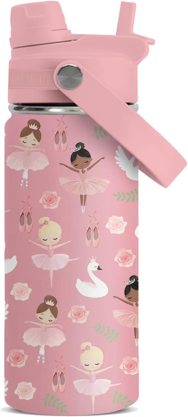 Gift for Ballerina Girls, 18oz Ballet Water Bottle with 2-in-1 Straw and Spout Lid, Dancer Dancing Kids Insulated Stainless Steel Tumbler Cup, Ballerina Gifts for School Teens Girls