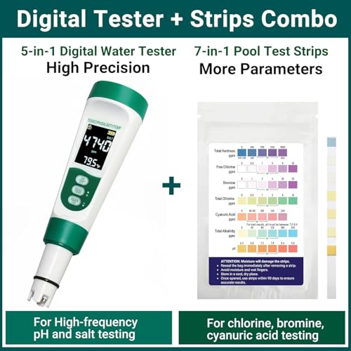 11-in-1 Digital Pool Water Tester Kit Including 5-in-1 Salt Tester for Saltwater Pool & 7-in-1 Pool Test Strips(50 Strips), Test pH Salinity TDS EC Temp Chlorine Bromine Alkalinity Hardness