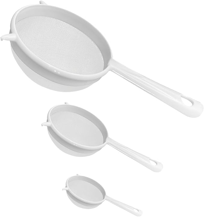 Plastic Fine Mesh Strainer Set of 3，Double Ear Food Filter Strainer with Handle Mesh Strainer Flour Sifter for Kitchen Baking