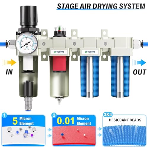 0-240 PSI 1/2 Inch NPT Industrial Grade 4-Stage Air Drying System, Particulate Filter, Dual Desiccant Dryer, 5 Micron & 0.01 Micron Filtration (Auto Drain)