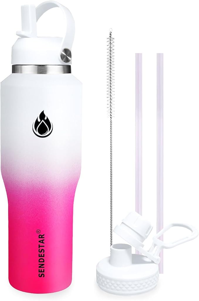 SENDESTAR Water Bottle,Wide Mouth Stainless Steel Vacuum Insulated Double Wall Keep Liquids Cold or Hot All Day,Sweat Proof Sport Design,Fit Car Cup Holder,White&Pink,32 Ounces