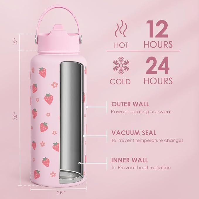 Strawberry Water Bottle 32oz Stainless Steel with Lid & Straw, Insulated Bottles for Women Girls, Gifts Ideas for Birthday Christmas