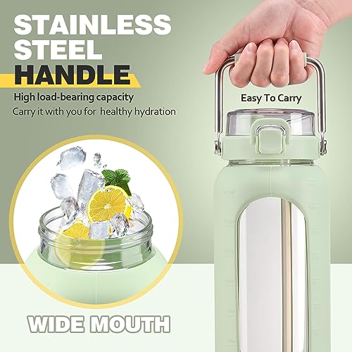 64oz Water Bottle Glass with Stainless Steel Handle Large Water Bottle with Time Markers and Silicone Sleeve Half Gallon Water Jug BPA Free for Gym Daily Use