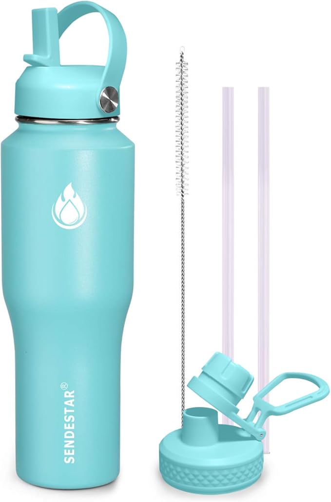 SENDESTAR Water Bottle,Wide Mouth Stainless Steel Vacuum Insulated Double Wall Keep Liquids Cold or Hot All Day,Sweat Proof Sport Design,Fit Car Cup Holder,Mint,32 Ounces