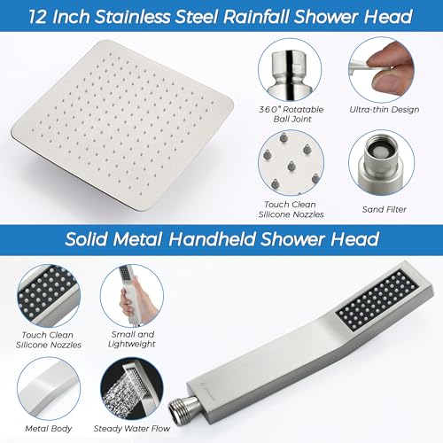 All Metal 12 Inches Rainfall Shower Head with Handheld Combo