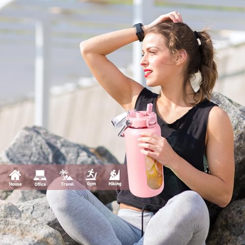 64oz Water Bottle Glass with Stainless Steel Handle Large Water Bottle with Time Markers and Silicone Sleeve Half Gallon Water Jug BPA Free for Gym Daily Use