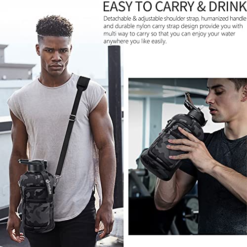 Half Gallon Water Bottle with Sleeve 64 OZ Water Bottle with Handle & Straw Leakproof Motivational Sports Gym Water Bottle with Time Marker BPA Free Water Jug with Neoprene Holder