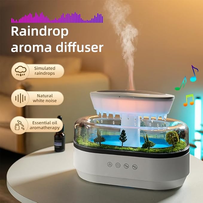 Upgrade Raindrop Humidifier Essential Oil Diffuser with Natural White Noise and Landscape Design，7 Led Colors Change Desktop Diffuser for Home Office Bedroom Waterdrop Diffuser 250ml