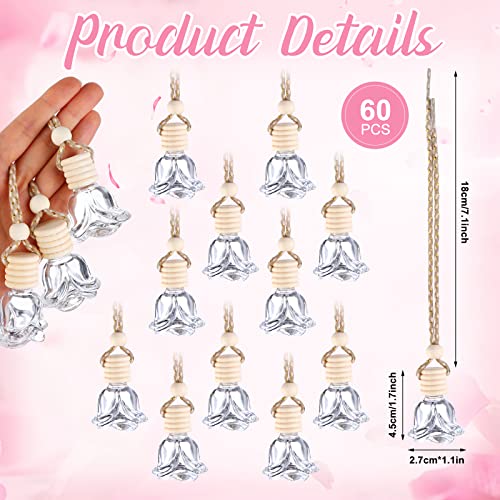 60 Pcs Hanging Car Air Freshener Car Diffuser Bottles Empty Glass Perfume Bottles Air Freshener Diffuser Bottle Pendant for Essential Oils Fragrance Aromatherapy Ornament Decor (60 Count)