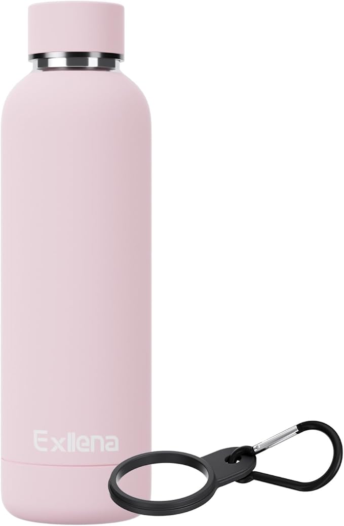 Exllena Slim Insulated Water Bottles for Travel 18oz with Clip, Double Wall Vacuum Stainless Steel Water Bottle Keeps Drinks Cold 24 Hrs/Hot 12 Hrs, 100% Leakproof, BPA Free(Pink)