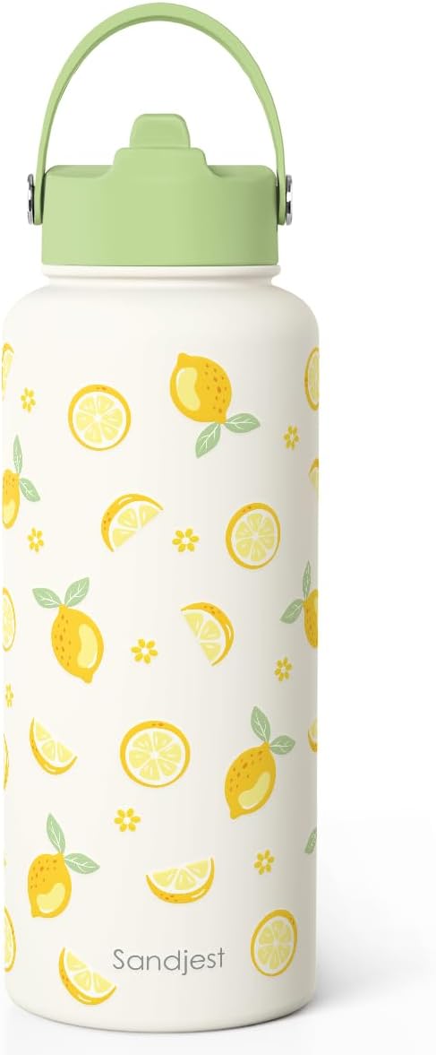 Lemon Water Bottle Stainless Steel 32oz with Lid & Straw, Insulated Bottles Gifts for Women Girls Friends Teens Birthday Christmas