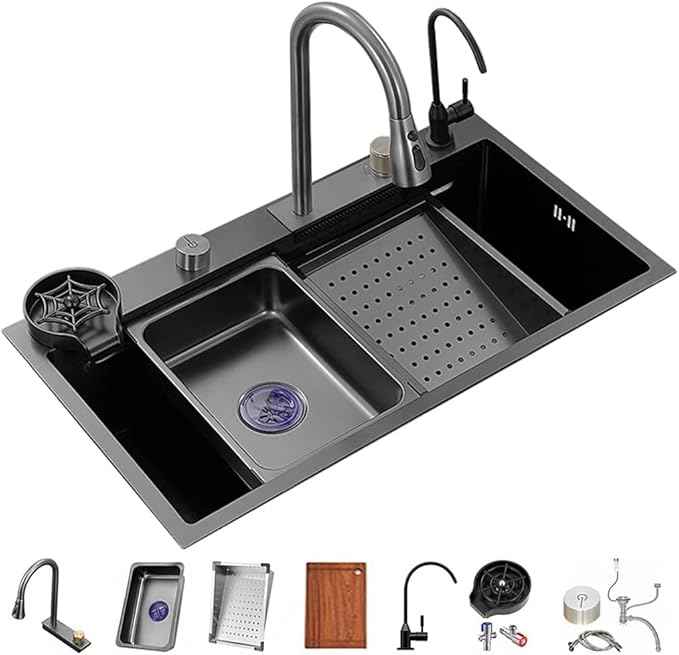 Waterfall Multi-Function Digital Display Sink，Waterfall Sink Waterfall Kitchen Sink Versatile Stainless Steel Single-Bowl Kitchen Workstation Sink Waterfall Pull-Down Faucet and Complete Acc