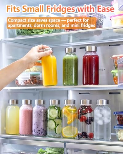 8 oz Small Glass Juice Bottles with Stainless Steel Lids Leak Proof (10 Count)