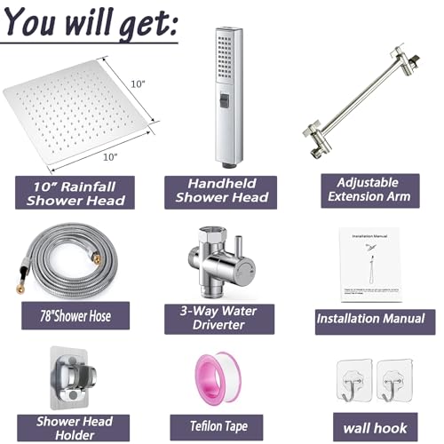 10" High Pressure Square Rainfall Shower Head and 2