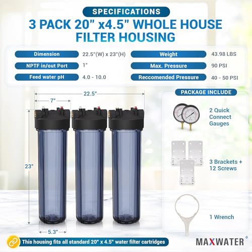 Whole House 20" x4.5" Purple Clear WH Water Filter Housing 1 inch Inlet