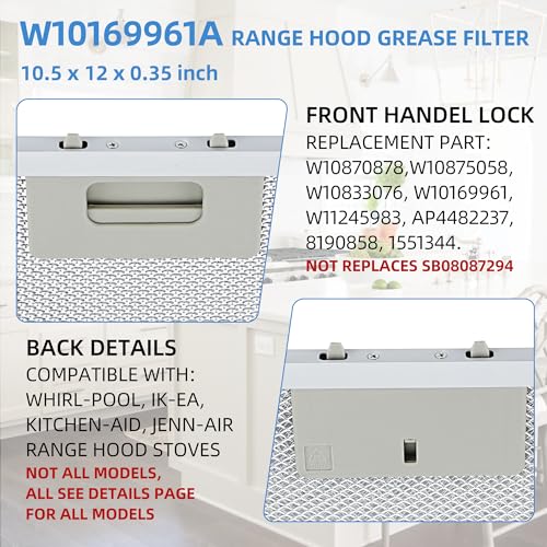 W10169961A 10.5 x 12 in Range Stove Grease Filter Compatible with Whirl.pool Ik.ea Kitchen.Aid Jenn.Air Brands Some Range Hoods (2 Count)