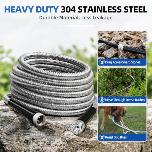 50ft 304 Stainless Steel Metal Garden Hose with Blue Nozzle
