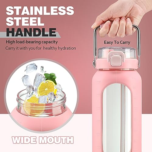 64oz Water Bottle Glass with Stainless Steel Handle Large Water Bottle with Time Markers and Silicone Sleeve Half Gallon Water Jug BPA Free for Gym Daily Use