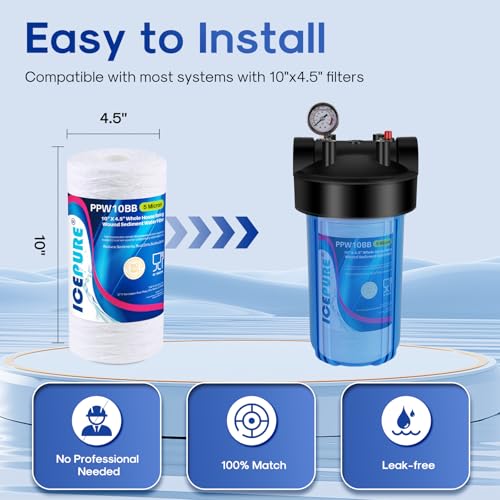 5 Micron 10”*4.5'' Whole House Sediment String Wound Water Filter Replacement filter for 84637 (4 Count)
