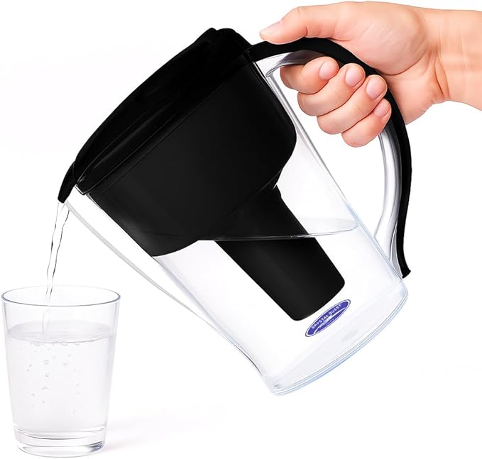 Crystal Quest Water Filter Pitcher - 12-Cup Capacity, 6-Stage Filtration, Includes 1 Long-Life Filter, BPA Free, Meets NSF Standard 42 - Filter Upto 2000 Gallons - Standard (Smart)/Black
