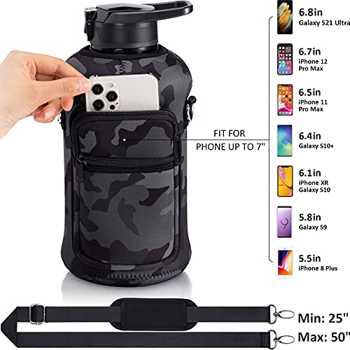Half Gallon Water Bottle with Sleeve 64 OZ Water Bottle with Handle & Straw Leakproof Motivational Sports Gym Water Bottle with Time Marker BPA Free Water Jug with Neoprene Holder