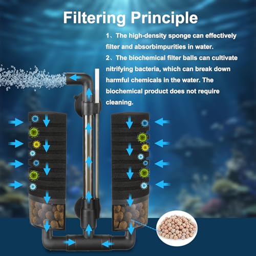 Aquarium Filter Sponge Fish Tank Quiet Bubble Filter with 4 Sponges and 1 Bag of Filtered Ceramic Balls for Salt Water and Fresh Water