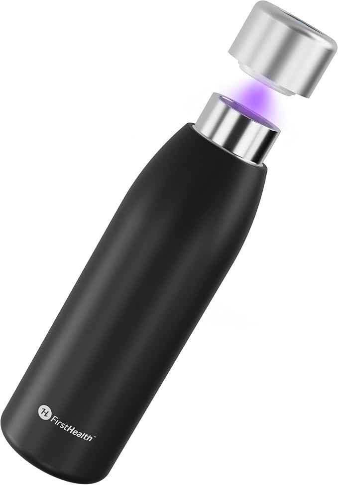 FIRSTHEALTH UV Self-Cleaning Water Bottle, 18oz Insulated Stainless Steel Tumbler with UV-C Purifier, Rechargeable Self-Sterilizing Cap, Kills 99.9% Bacteria, Keeps Drinks Hot 12HR/Cold 24HR