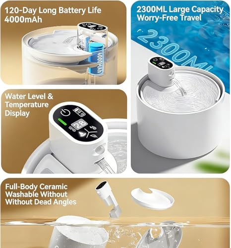 Cordless Ceramic Cat Water Fountain Replacement 4000mAh Battery Sensor Controller Automatic Super Silent Intelligent Sensor Cordless Pet Drinking Dispenser Dog Water Bowl Dispenser