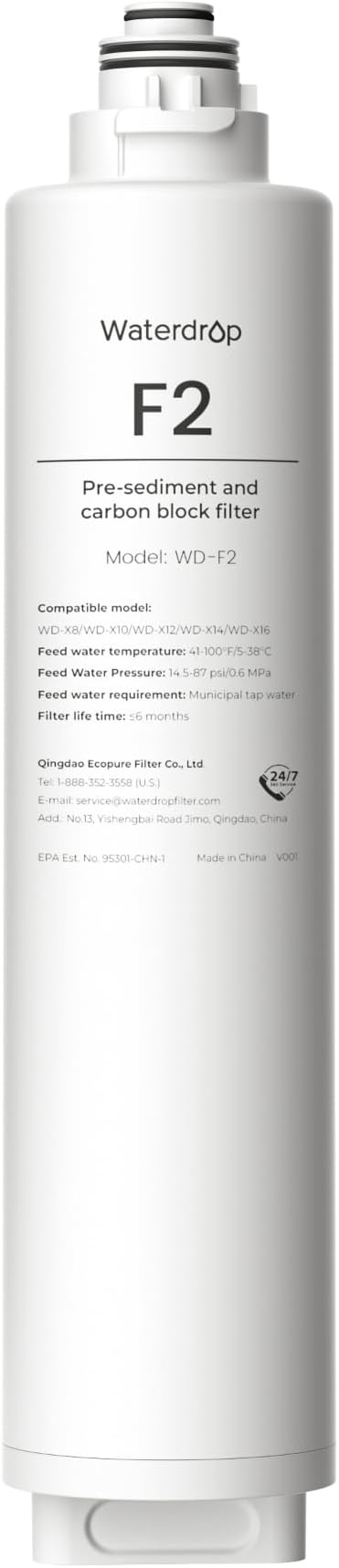 Waterdrop WD-F2 Filter, Replacement for WD-X8-Basic & WD-X8-Alkaline & WD-X12-Basic & WD-X12-Alkaline & WD-X16-Alkaline, 6-month Lifetime