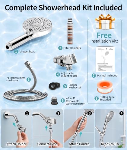Filtered Shower Head with Handheld High Pressure 9 Spray Mode Showerhead Detachable Shower Head Water Softener Filters Beads for Hard Water Remove Chlorine 1 Filter Chrome