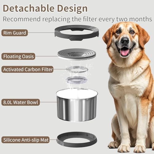 8L Dog Water Bowl No Spill 2.1 Gallon Stainless Steel Water Bowl for Dogs 270oz Large Capacity No Splash Slow Drinking Feeder with Anti