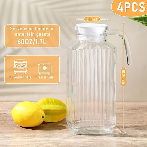4 Pieces 60 oz Glass Pitcher with Lid Fridge Juice Glass Water Pitcher Beverage Drink Containers Jug for Fridge Iced Tea Lemonade Milk Cocktails Cold (4 Count)