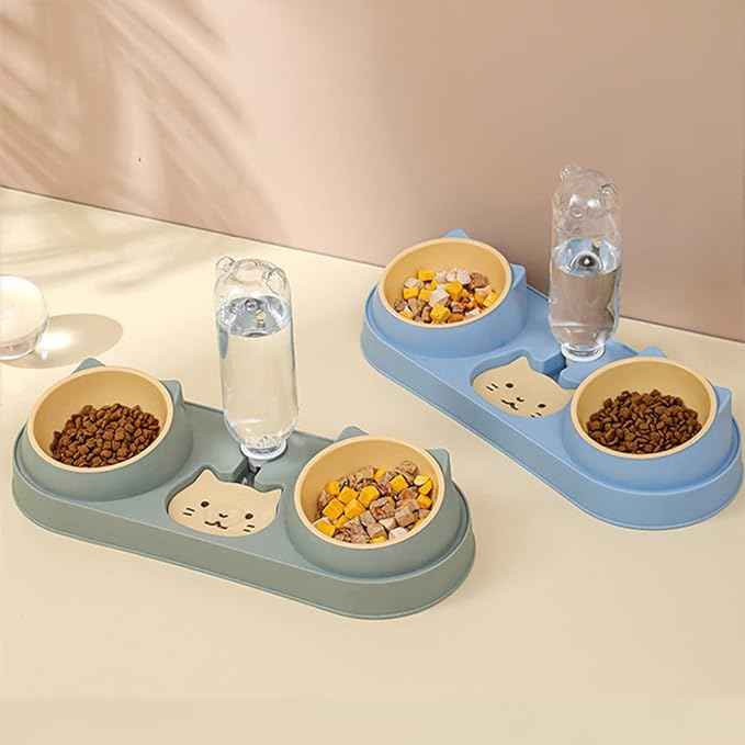 Mltao Pet Feeder, Sky Blue Automatic 3 in 1 Cat Feeder Bowl with Water Dispenser, Plastic Raised Cat Dishes, Wet and Dry Food Bowl Set for Small Dogs, Cats, Rabbits