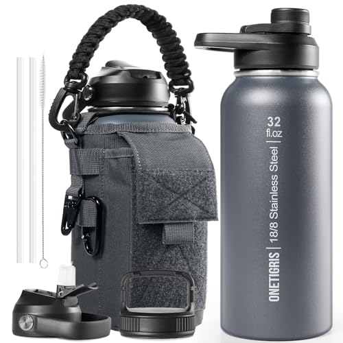 32oz Insulated Tactical Water Bottle with Straw & MOLLE Sleeve
