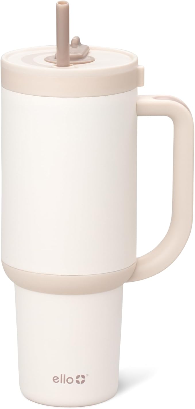 Ello Oasis 30 oz Tumbler with Handle & Retracting Straw | Reusable Insulated Stainless Steel Cup 100% Leakproof, Gifts for Teens Women Men | Keeps cold for 24 Hours, Cup Holder Friendly, Cream Tonal