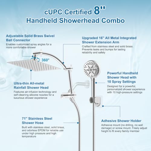 All Metal 8" High Pressure Rain Shower Head Combo