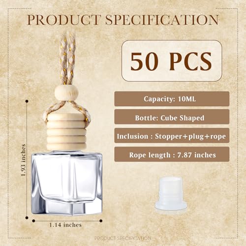 50 Pcs Hanging Car Air Freshener Car Diffuser Bottles Empty Glass Perfume Bottle Freshener Diffuser Bottle Pendant for Essential Oil Fragrance Aromatherapy Bottle Ornament (50 Count)